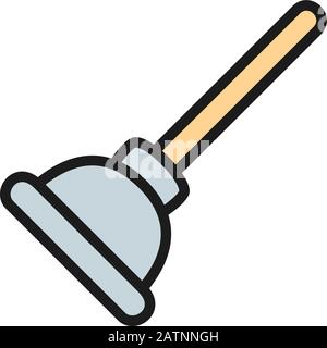 Toilet plunger, cleaning tool, housework supplies flat color line icon. Stock Vector