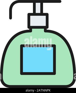 Liquid soap dispenser, cosmetic plastic bottle flat color line icon. Stock Vector