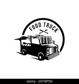 Foodstuffs white background Vintage kitchen print element with fork and knife, text and truck on grunge spot Stock Vector