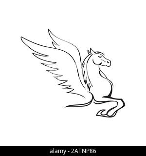 Winged Pegasus with stars logo vector illustration. Stylized Pegasus mythical creature silhouette, horse winged logo vector, Stock Vector