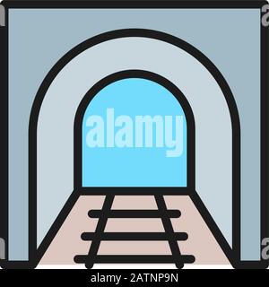 Railroad tunnel with rails, railway road, subway flat color line icon. Stock Vector