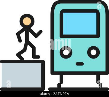 Man in metro, waggon on platform, train, subway station flat color line icon. Stock Vector