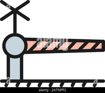 Railroad crossing with barrier, security gate flat color line icon. Stock Vector