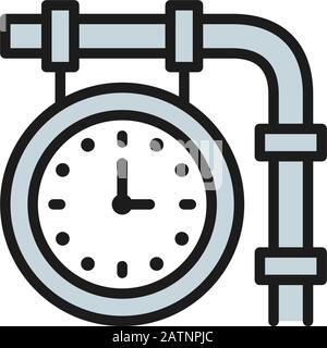 Train station clock, railroad platform time flat color line icon. Stock Vector