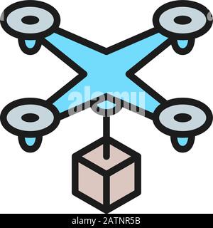Drone with box, fast delivery service flat color line icon. Stock Vector