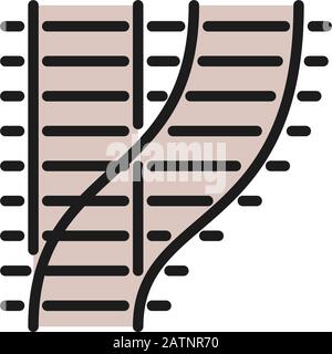 Curved railways, railroad tracks, train roads flat color line icon. Stock Vector