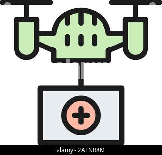 Drone with medical box, fast delivery, transportation flat color line icon. Stock Vector