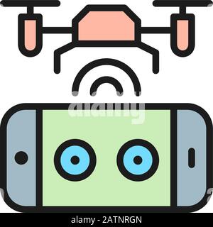 Drone with control panel, mobile remote controller flat color line icon. Stock Vector