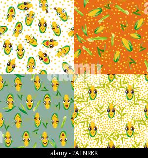 Set of four cute seamless pattern with cartoon emoji corn Stock Vector