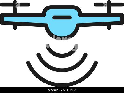 Drone with radio waves, radar detection system flat color line icon. Stock Vector