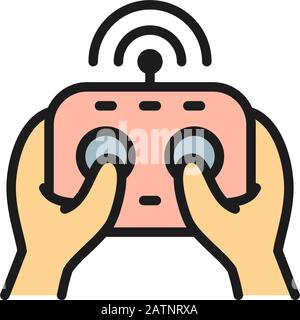Hands hold remote controller, control panel for drone flat color line icon. Stock Vector