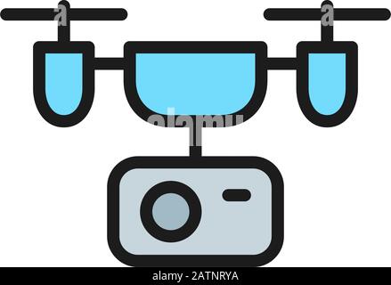 Drone with action camera flat color line icon. Stock Vector