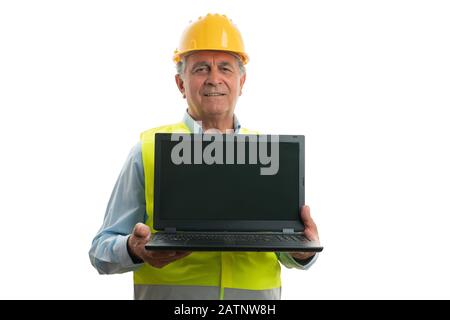 Old engineer man presenting laptop with blank copyspace on screen isolated on white background Stock Photo
