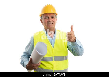 Old male architect showing thumb up as like gesture with rolled papers under arm isolated on white Stock Photo
