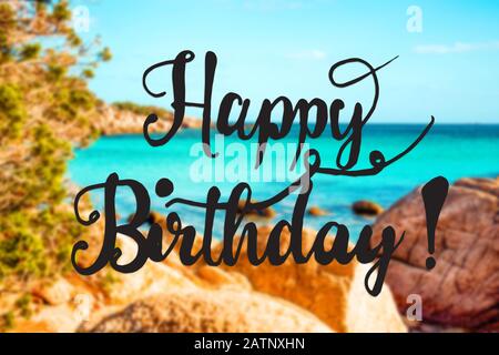 English Text Happy Birthday Beach Grass At Sunrise Or Sunset In Background Stock Photo Alamy