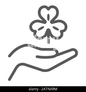 Hand hold lucky clover line icon, st patrick's day and holiday, hand holding clover sign, vector graphics, a linear pattern on a white background, eps Stock Vector