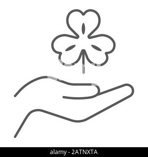 Hand hold lucky clover thin line icon, st patrick's day and holiday, hand holding clover sign, vector graphics, a linear pattern on a white background Stock Vector
