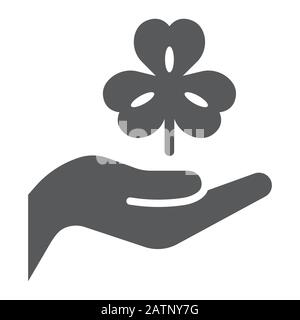 Hand hold lucky clover glyph icon, st patrick's day and holiday, hand holding clover sign, vector graphics, a solid pattern on a white background, eps Stock Vector