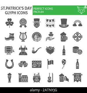 St. Patrick's Day glyph icon set, holiday symbols collection, vector sketches, logo illustrations, saint patrick icons, business signs solid Stock Vector