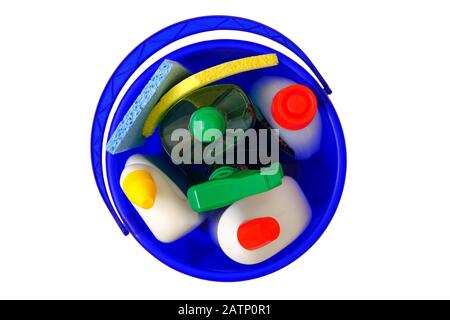 Set of cleaning supplies in blue bucket isolated on white background. Cleaning accessories. Isolate. Top view. Close up. Stock Photo