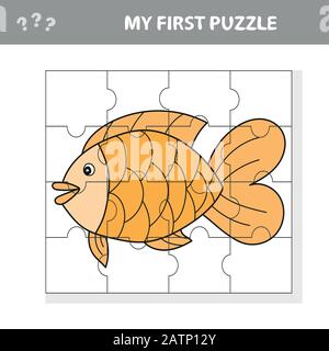 Fish in cartoon style, education game for the development of preschool children, cut parts of the image - my first puzzle Stock Vector