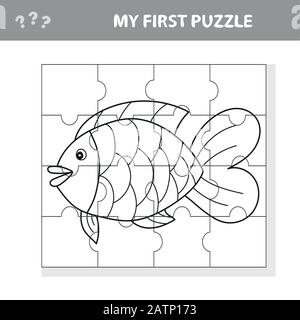 Fish in cartoon style, education game for the development of preschool children, cut parts of the image - coloring book - my first puzzle Stock Vector