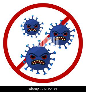 coronavirus with angry facial expression crossed out with a stop sign. Vector cartoon flat illustration. Stock Vector