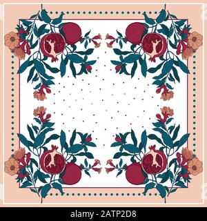 Silk scarf with pomegranate branch with fruits and flowers. Stock Vector