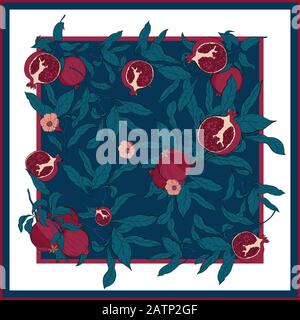 Silk scarf with pomegranate branch with fruits and flowers. Stock Vector