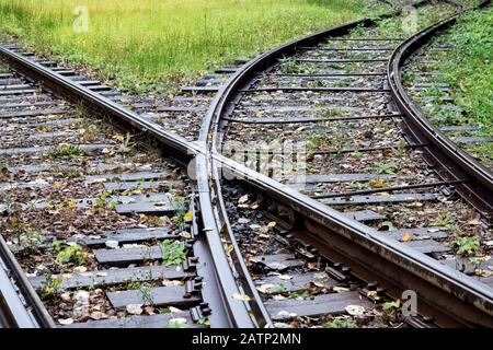 Fork on the railway in the forest close up Stock Photo