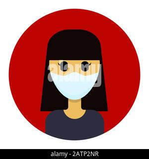 Asian woman in medical mask is protected from the virus. against the background of the red circle. Vector flat illustration. Stock Vector