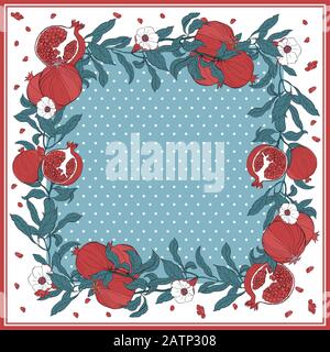 Silk scarf with pomegranate branch with fruits and flowers. Stock Vector