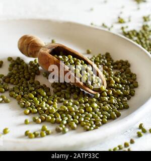 Dried mung beans with a spoon on a plate close up Stock Photo
