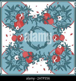 Silk scarf with pomegranate branch with fruits and flowers. Stock Vector