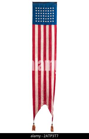 Extra long vintage official ceremony American flag isolated on a white background Stock Photo