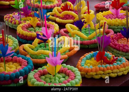 Colorful art fish food floating or buoyant for thai people select buy and into river, canal and pond for forgiveness from the Goddess of water or Gang