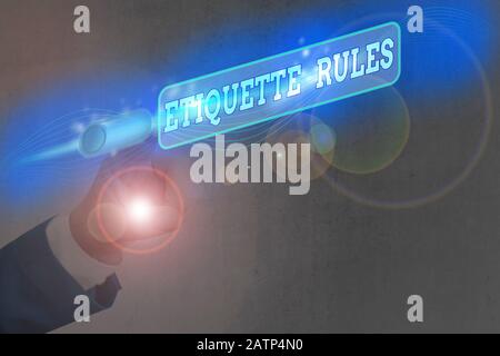 Text sign showing Etiquette Rules. Business photo text customs that control accepted behaviour in social groups Stock Photo