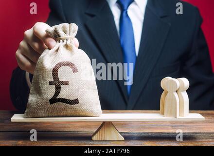 Businessman puts pound sterling money bag and people on scales. Taxpayers concept. Business crowdfunding startup. Investments in deposits. Decent sala Stock Photo