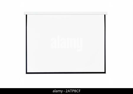 Hanging foldable projection screen isolated on white Stock Photo