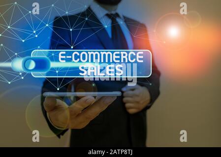 Writing note showing E Commerce Sales. Business concept for activity of buying or selling of products on online service Stock Photo