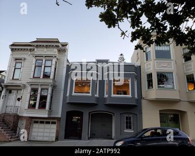 Homes are visible, including Victorian homes, in the Mission District neighborhood of San Francisco, California, January 26, 2020. () Stock Photo