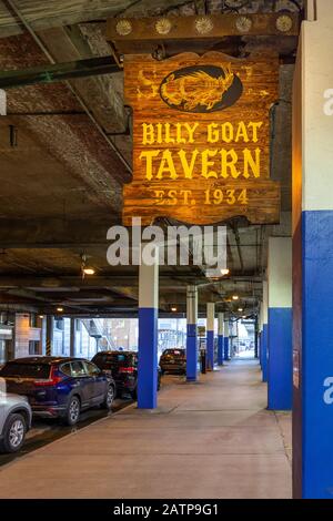 Chicago, USA - December 30, 2018:  Sign outside the original Billy Goat Tavern on Lower Michigan Avenue in Chicago, which was founded in 1934 and is n Stock Photo