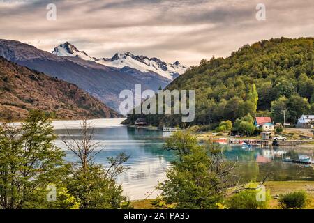 Cordon Contreras massif at Laguna San Rafael National Park, over Lago Bertrand, view from Puerto Bertrand, Carretera Austral highway, Patagonia, Chile Stock Photo