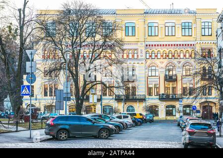 Kiev, Ukraine - January 03, 2020: Walk in the center of Kiev. Fragment of the street Architect Gorodetsky. Stock Photo