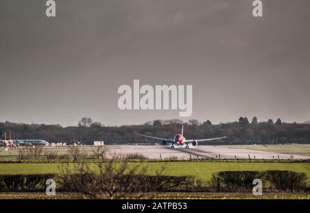 Gatwick Airport, Crawley, West Sussex, UK. 4th Feb, 2020. A brighter morning than of late with a Westerly cross wind. A Yellow wind warning has been issued for later this week. Credit: David Burr/Alamy Live News Stock Photo