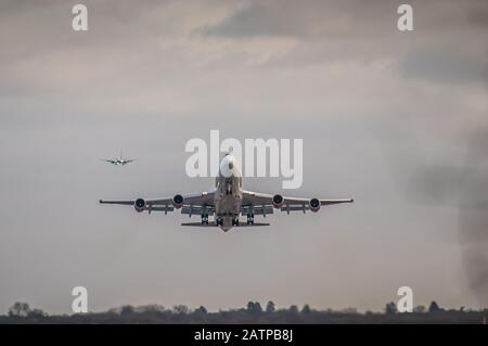 Gatwick Airport, Crawley, West Sussex, UK. 4th Feb, 2020. A brighter morning than of late with a Westerly cross wind. A Yellow wind warning has been issued for later this week. Virgin B747 lifts off. Credit: David Burr/Alamy Live News Stock Photo