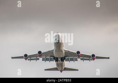 Gatwick Airport, Crawley, West Sussex, UK. 4th Feb, 2020. A brighter morning than of late with a Westerly cross wind. A Yellow wind warning has been issued for later this week. Virgin B747 lifts off. Credit: David Burr/Alamy Live News Stock Photo