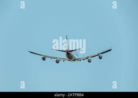 Gatwick Airport, Crawley, West Sussex, UK. 4th Feb, 2020. A brighter morning than of late with a Westerly cross wind. A Yellow wind warning has been issued for later this week. Virgin B747 departs. Credit: David Burr/Alamy Live News Stock Photo