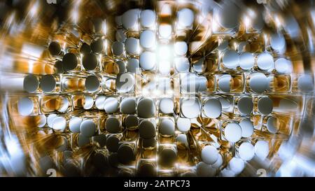 Abstract 3d rendering of golden and stainless steel square cylinder blocks surface. Futuristic background with extruded cylinders shape. High resoluti Stock Photo