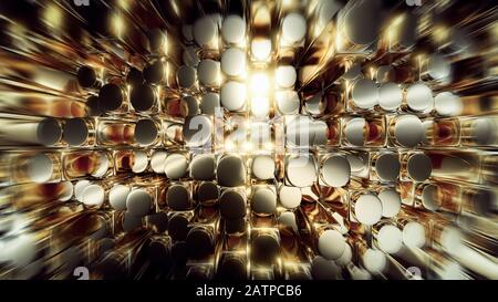 Abstract 3d rendering of golden square cylinder blocks surface. Futuristic background with extruded cylinders shape. High resolution 8k. Stock Photo